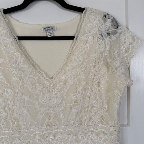 Vintage One West Women's Ivory Short Sleeve Lacey Blouse Sz XL Made In USA - Picture 2 of 8